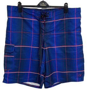 Op. Men's Blue and Red Striped Pull String Elastic Waist Swim Shorts Size XL